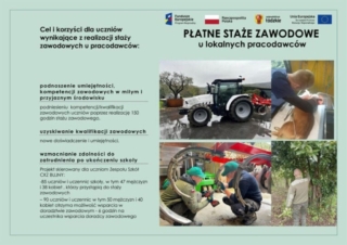 staze4 Zdjecie przedstawia plakat reklamujący staże zawodowe. Zdjęcia tematyczne oraz tekst z celami i korzyściami staży zawodowych.