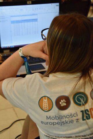 Uczestniczka zagranicznych praktyk zawodowych siedzi w pomieszczeniu i wpatruje się w ekran laptopa, na którym jest tabelka.