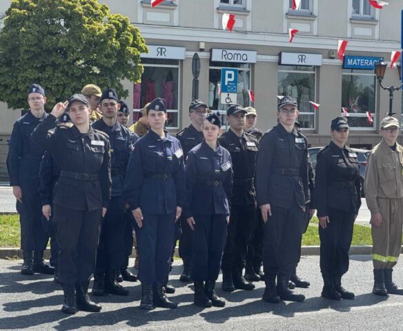 Uczniowie klas mundurowych stoją w szeregach podczas obchodów rocznicy uchwalenia Konstytucji 3 Maja. Jedna osoba salutuje. W tle zabudowania, brzewo. Rozwieszone małe flagi Polski na sznurkach między słupami ulicznymi.