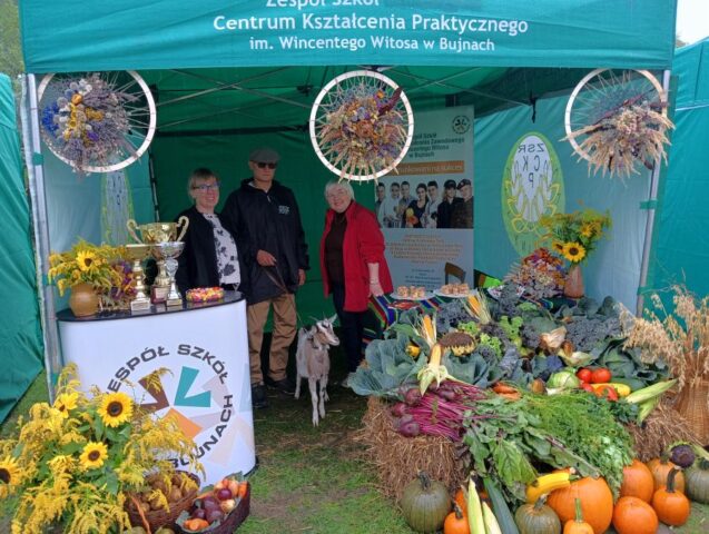 Stoisko promocyjne ZS CKZ Bujny podczas dożynek powiatowo-gminnych w Aleksandrowie. Dekoracje z plonów, rollup reklamowy, nauczyciele- opiekunowie podczas wydarzenia.