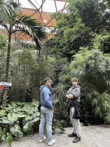 Dwóch uczniów stoi przy tropikalnej części zoo. W tle roślinność egzotyczna.