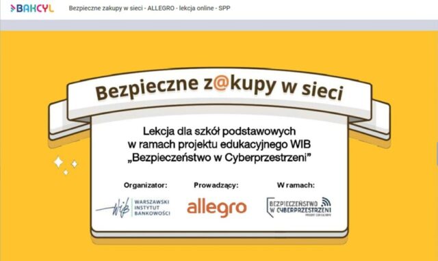 Plakat informacyjny o lekcji online dotyczącej bezpiecznych zakupów w sieci.