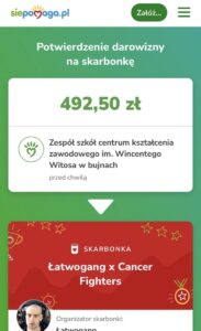 Potwierdzenie darowizny skarbonka Cancer Fighters. 